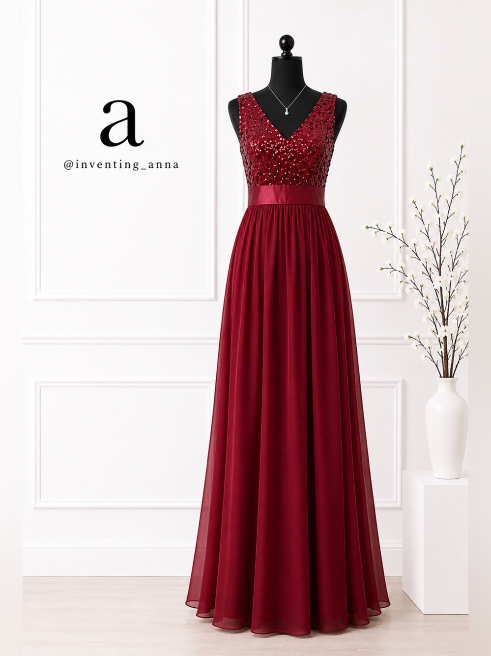 Burgundy column gown A-line silhouette sequin bodice chiffon satin waistband